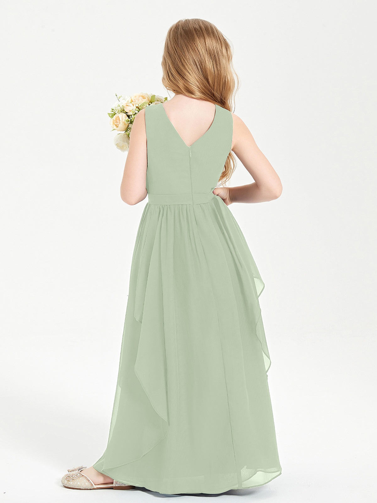 Boho Sleeveless Junior Chiffon Bridesmaids Gown Dusty Sage